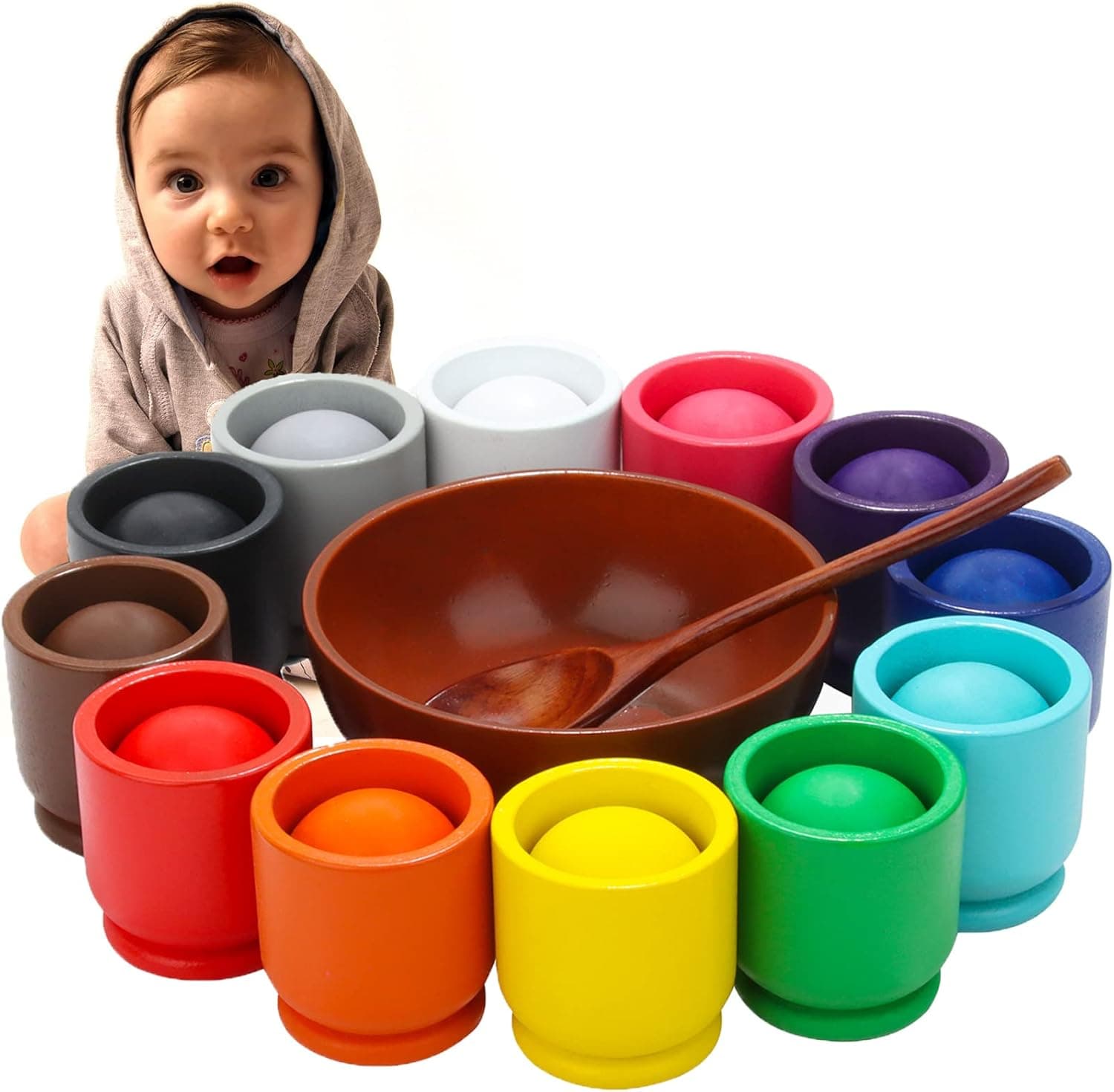 MOM Selected Montessori Toys Wooden Balls in Cups Large Size 40mm Rainbow Colorful Matching and Counting Toy