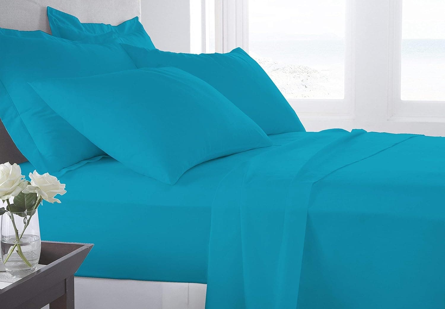 VGI Linen Solid Pattern Hotel Series 100% Egyptian Cotton Quality Genuine 600 Thread Count 4-PCs Sheet Set King Size, Turquoise Color (Deep Pocket 15-18" Inch)