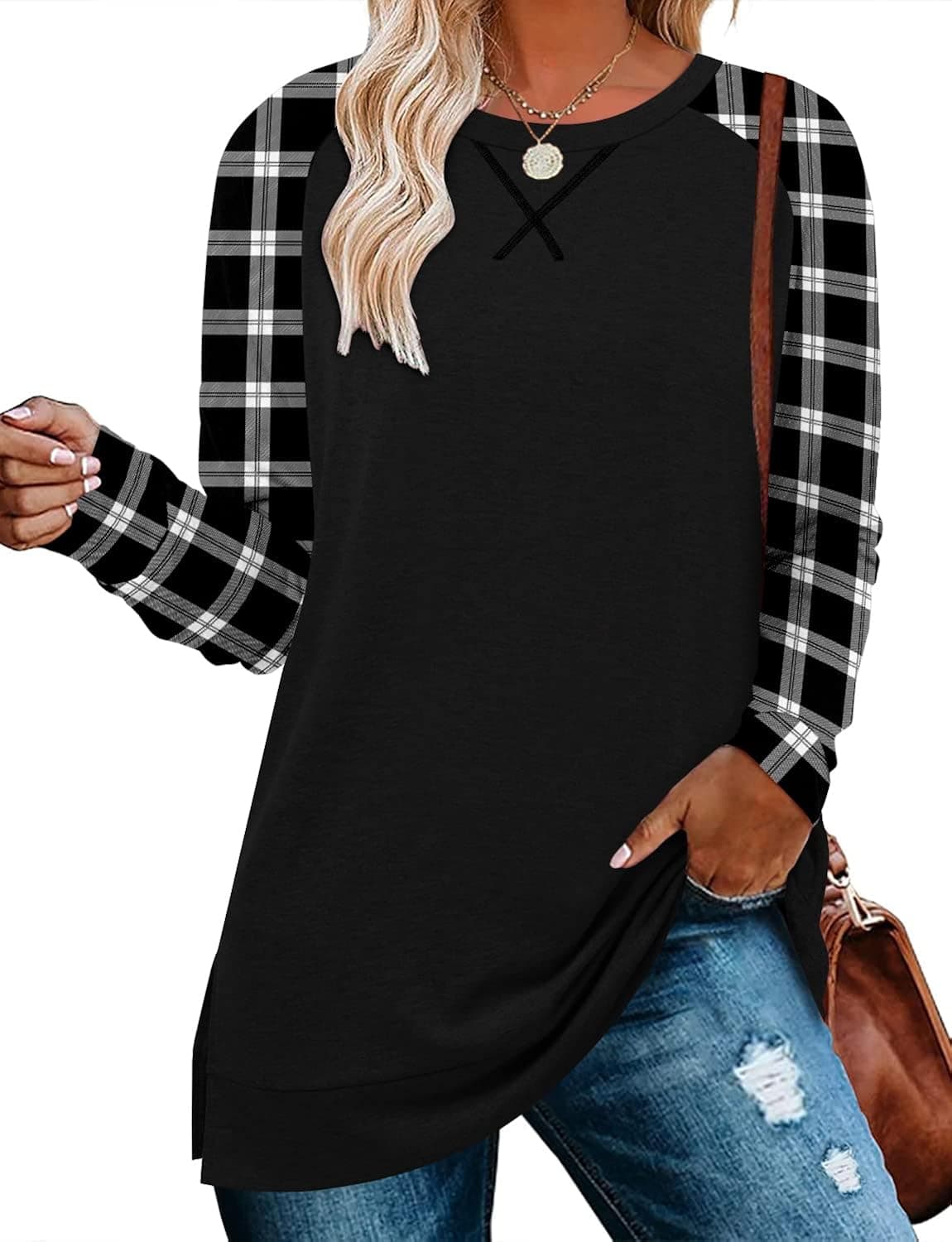 BETTE BOUTIK Women's Drop Long Sleeve Sweatshirt Tops Casual Crewneck Tunic Sweartshirts With Side Slits S-3XL