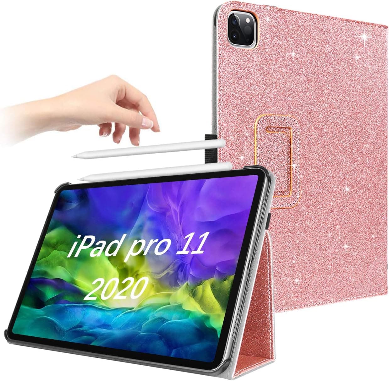 BENTOBEN iPad Pro 11 Case 2020 &2018 [Support Apple Pencil 2 Charging] Shiny Glitter Folio Stand with Pencil Holder Auto Wake/Sleep Protective PU Leather Girl Women iPad Pro 11 2nd/1st Cover,Rose Gold