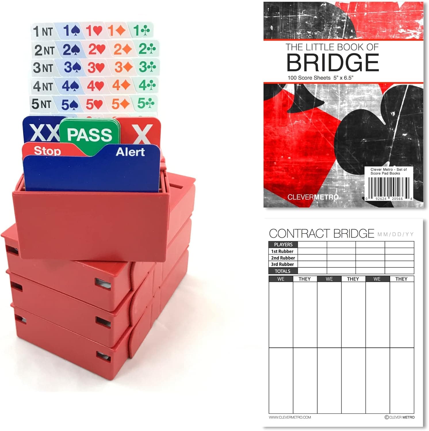 Jannersten Bid Buddy (Red) - Set of 4 Bridge Bidding Boxes with Cards + 200 Contract Bridge Score Sheets