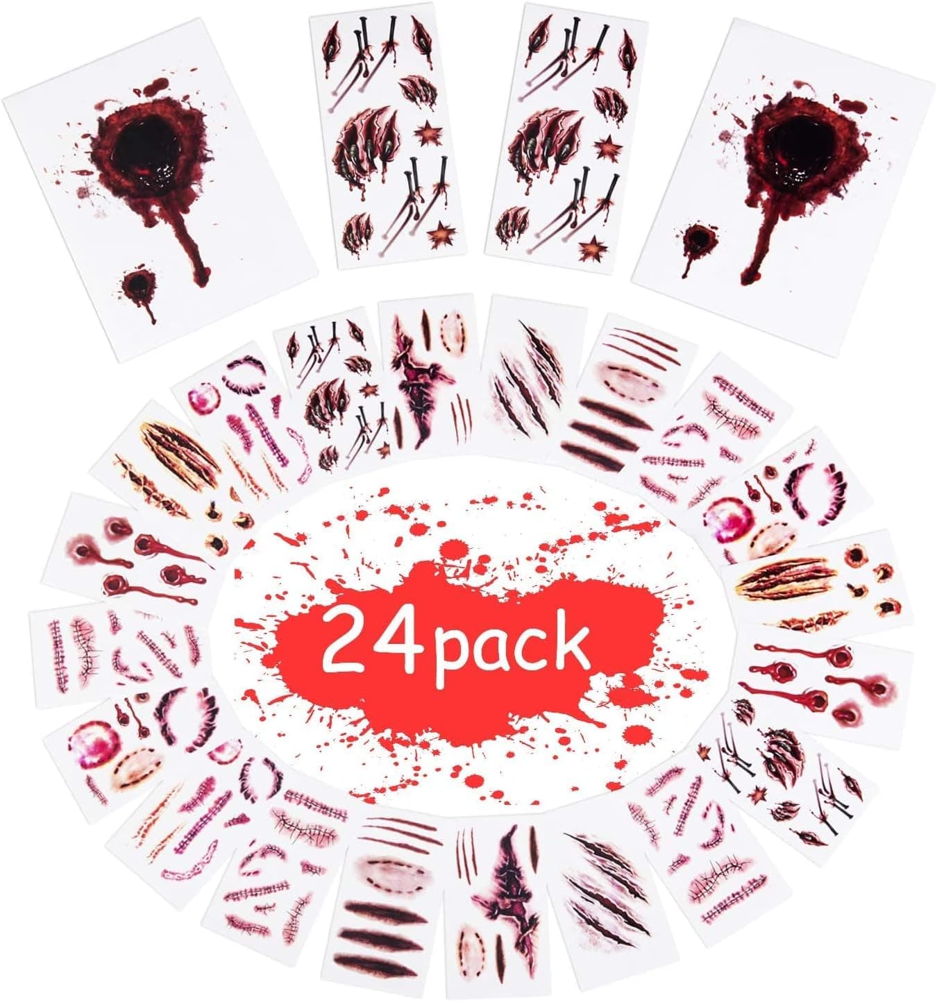 Joyjoz Halloween Temporary Tattoos, Halloween Stickers with Fake Blood, Scars, Wound, Zombie Makeup for Party, Cosplay, Kids, Adults (48 Sheets)