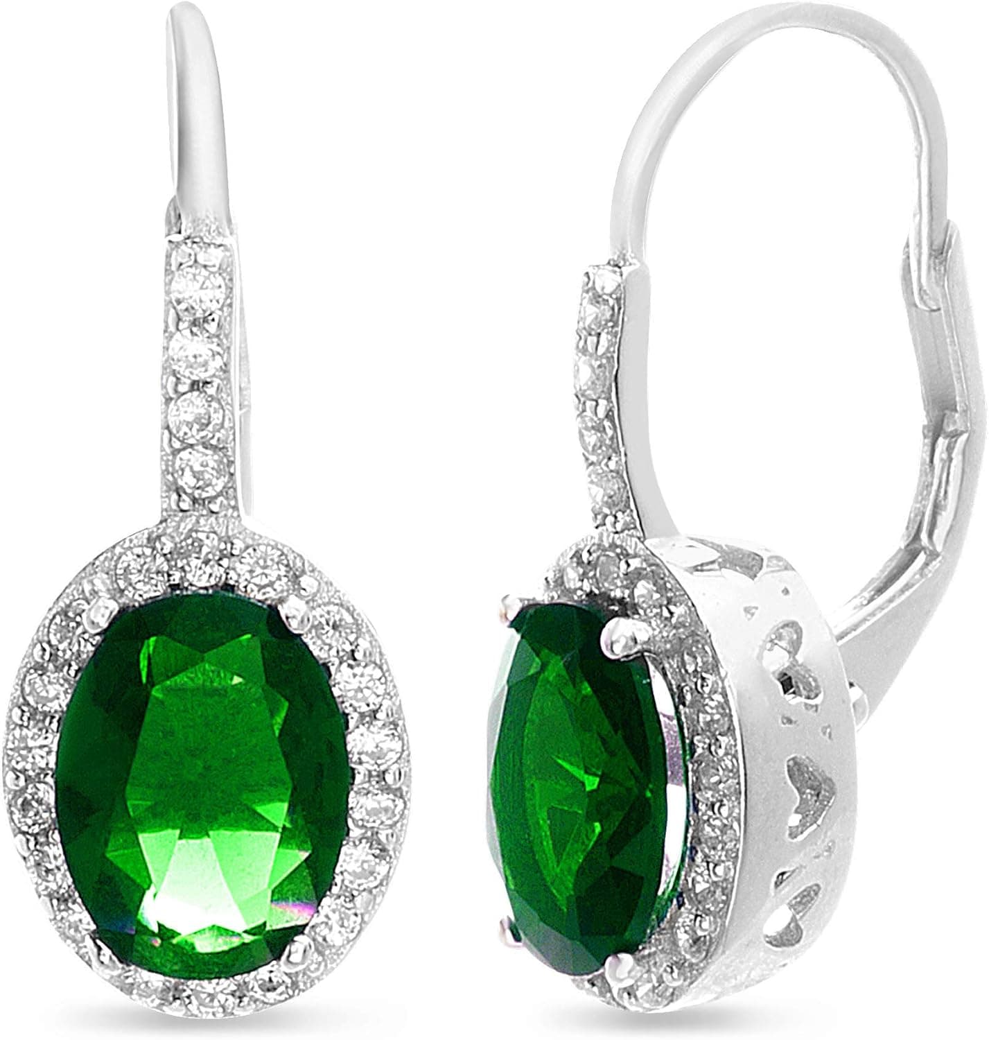 MIA SARINE Rhodium Plated Sterling Silver Oval Simulated Gemstone and Cubic Zirconia Bridal Leverback Earring
