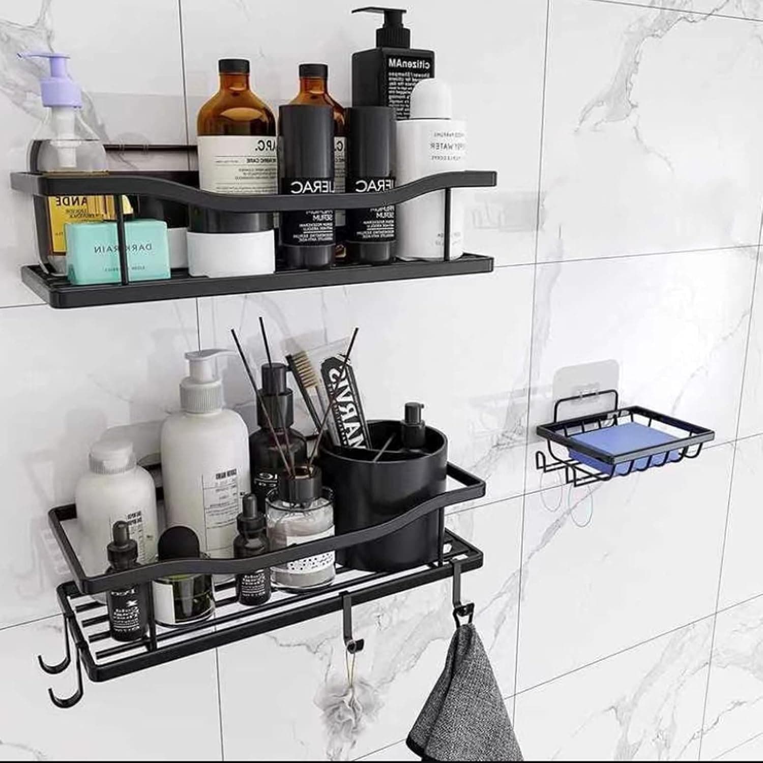 tundsot 3 Pack Bathroom Shower Shelves Shower Caddy, Shower Shelves, Adhesive Shower Organizer No Drilling,With 4 Hooks, Shower Shelves for Inside Shower (black)
