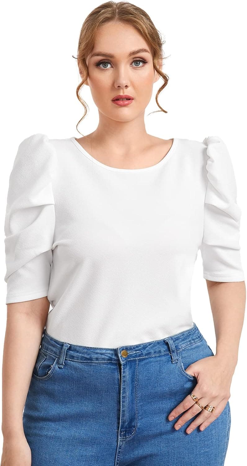 Floerns Women's Plus Size Puff Sleeve Blouse Tops Summer Short Sleeve Printed Top Shirt