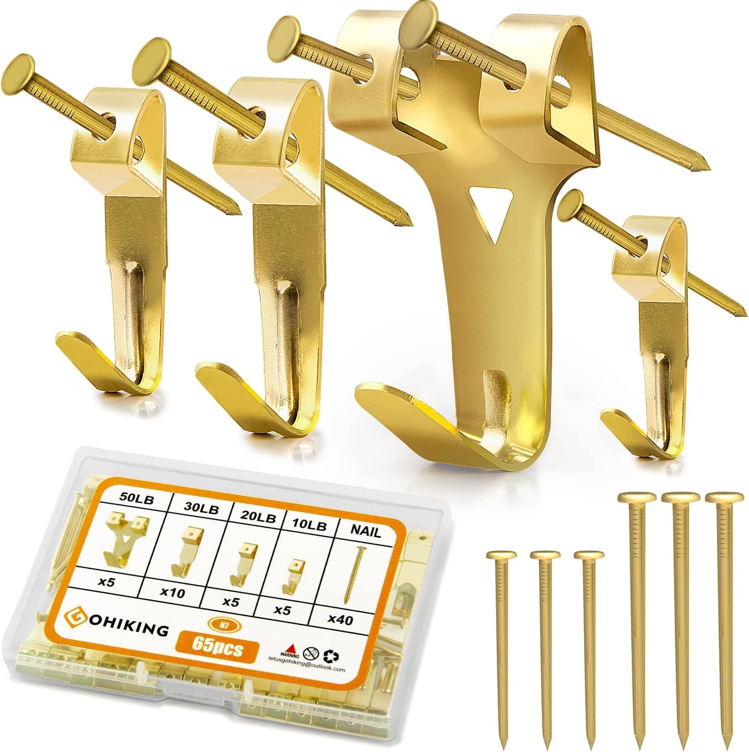 65pcs Picture Hangers, Picture Hanging Hooks with Nails, Professional Picture Hanging Kit on Wooden/Drywall for Picture Frame, Canvas, Mirror Hanging Decoration(10-50lbs-65pcs)