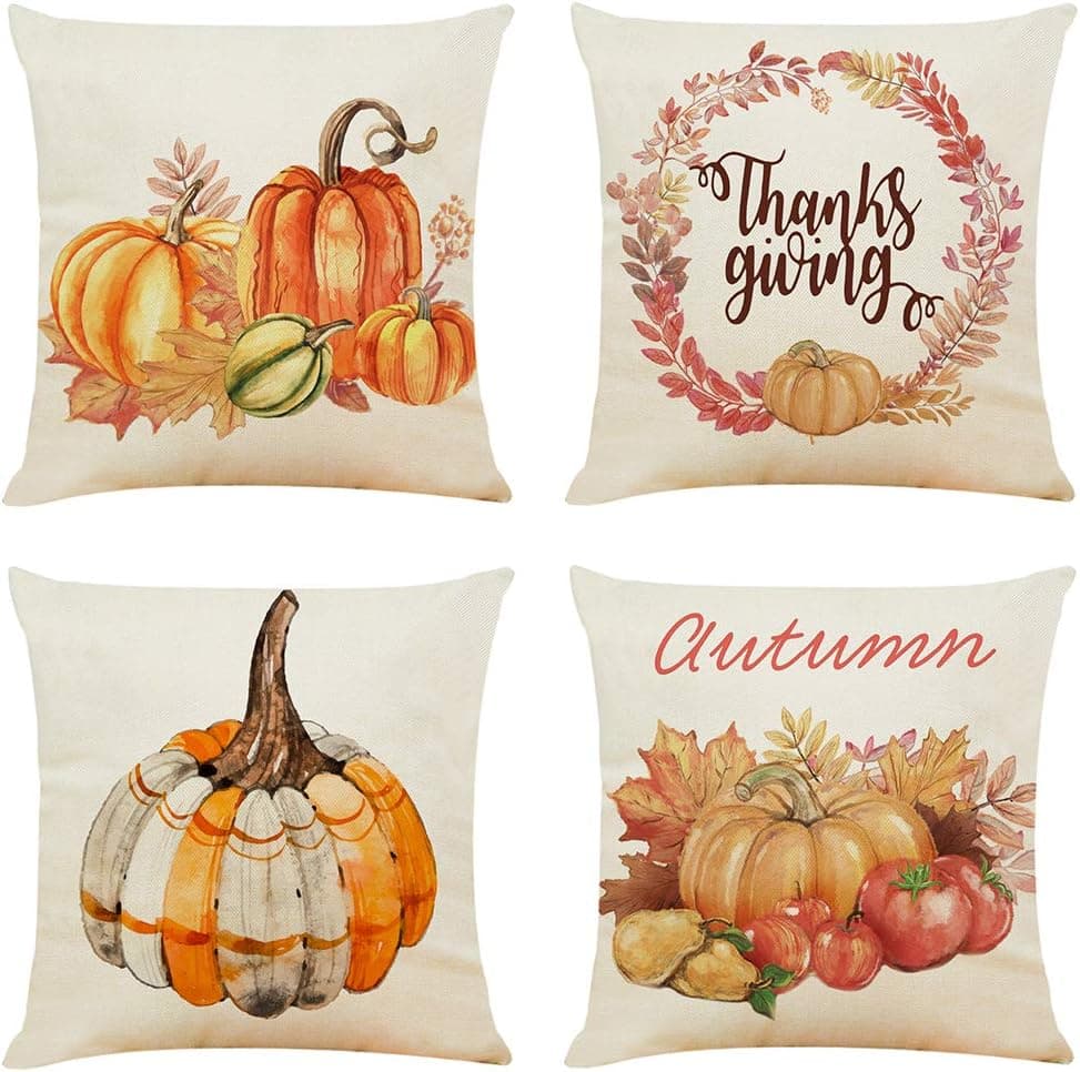 Ogrmar 4PCS 18"x18" Throw Pillow Covers Thanksgiving Decorative Couch Pillow Cases Cotton Linen Pillow Square Cushion Cover for Sofa, Couch, Bed and Car (Thanksgiving-A)
