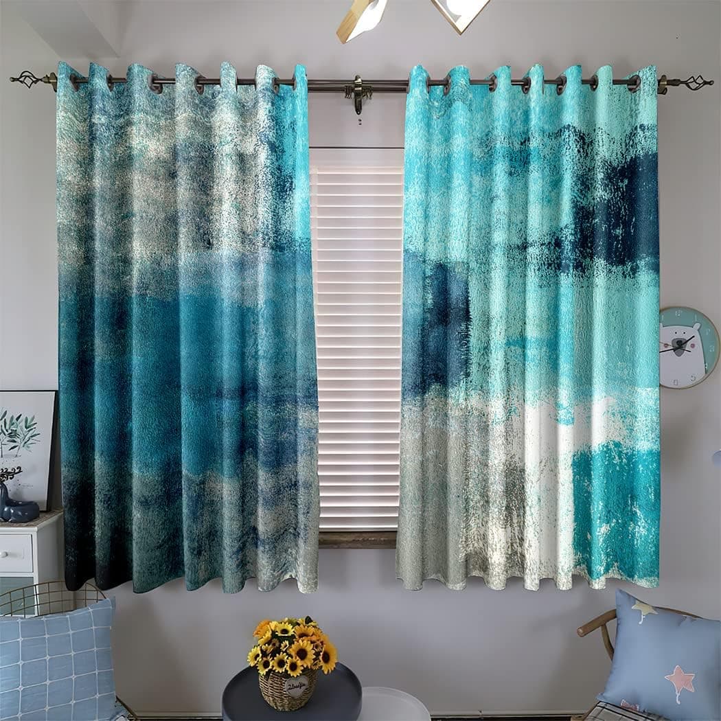 Turquoise and Grey Blackout Curtains for Bedroom,Thermal Insulated Grommet Soundproof Curtains,Turquoise and Grey Abstract Art Painting Curtains 72 inch Length,Set of 2 Window Curtain (21 Inch Wide)