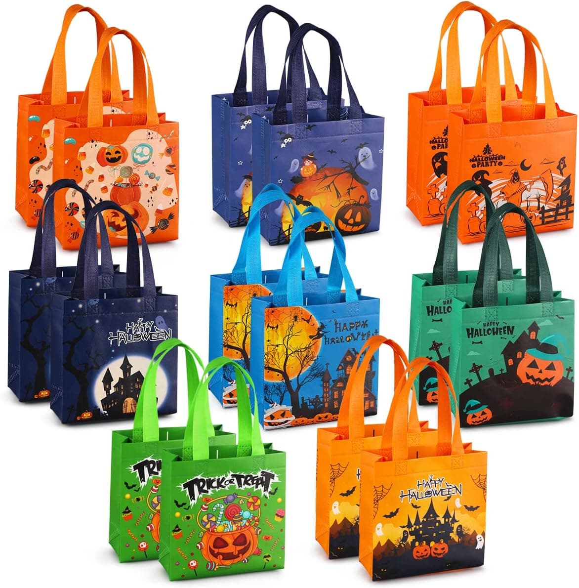 Aviski 16PCS Halloween Trick or Treat Bags, Small Halloween Tote Bags with Handles, Gift Bags, Multifunctional Non-Woven Halloween Bags for Gifts Wrapping, Halloween Party Supplies, 7.9×7.9×3.15"