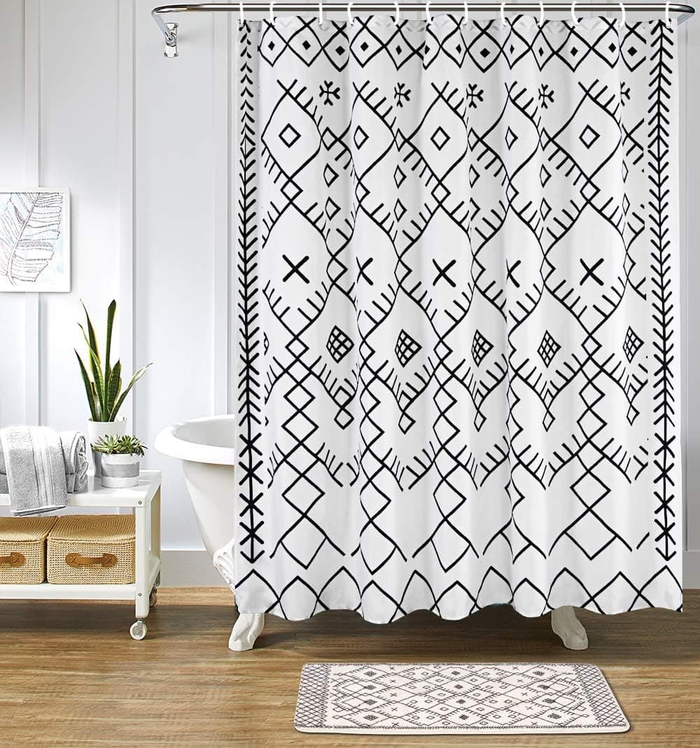 Uphome Moroccan Shower Curtain Black and White Geometric Print Fabric Shower Curtain Set with Hook Chic Trellis Boho Bathroom Decor Heavy Duty, 72x72
