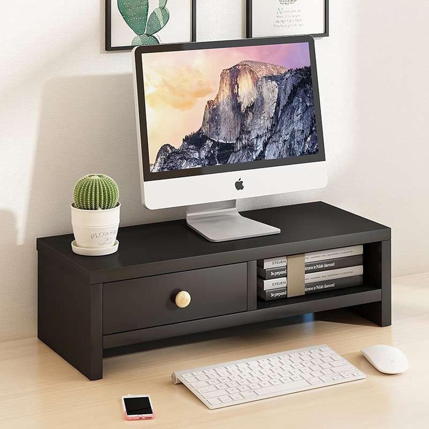 Desktop Stand Monitor Stand with Drawer Computer Riser Desk Riser Monitor Stand with Drawer Desktop Stand Desk Shelf (Black)