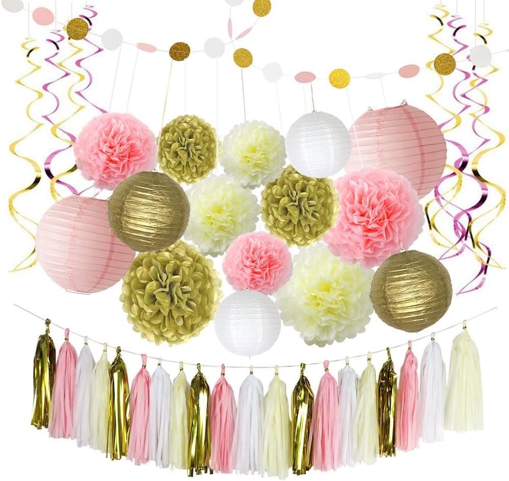 LITAUS Pink and Gold Birthday Decorations, Pom Poms Flowers, Paper Garland, Paper Lantern, Tassels, Hanging Swirl for 1st Birthday Girl Decorations Kids Birthday Bridal Shower Baby Shower