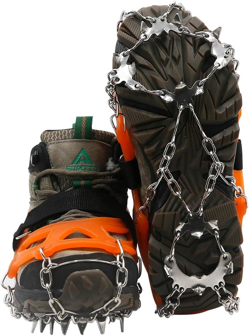 Samply Ice& Snow Traction Cleats, 19 Spike Mountaineering Climbing Crampons for Shoes, Boots, Large, Orange