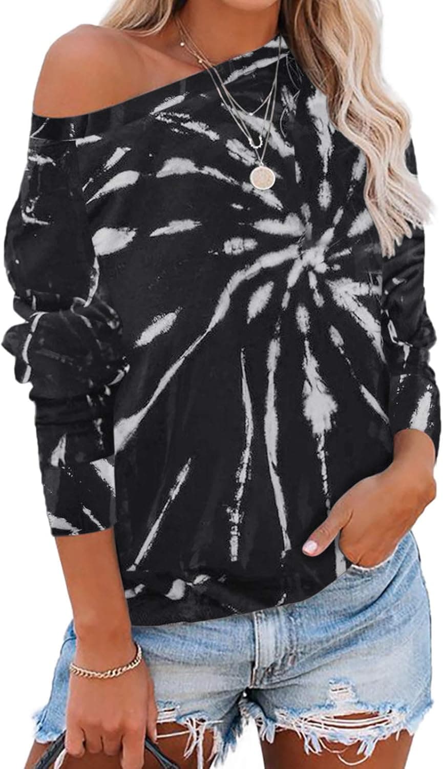 TEMOFON Women' Tie Dye Sweatshirt Long Sleeve Off Shoulder Casual Loose Tops Sweatshirts Black L