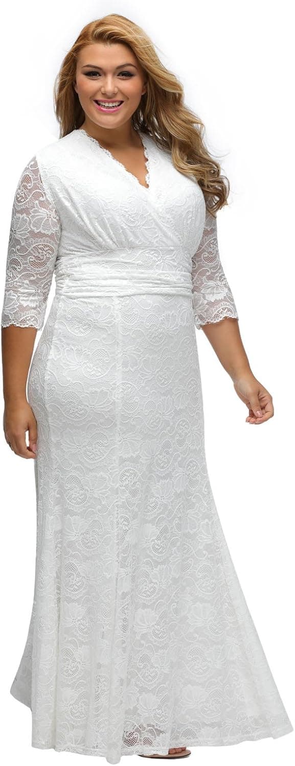 XAKALAKA Women's V-Neck 3/4 Sleeve Plus Size Lace Wedding Cocktail Dress Size L (White)