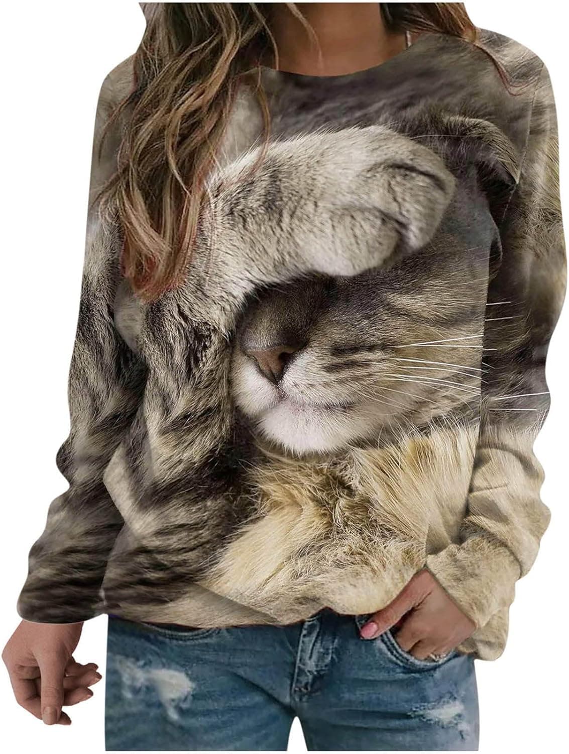 Women Cute Cat 3D Detail Print Tops,Long Sleeve Plus Size Boat Neck Plus Size Tshirts Trendy Casual Vintage Sweatshirt