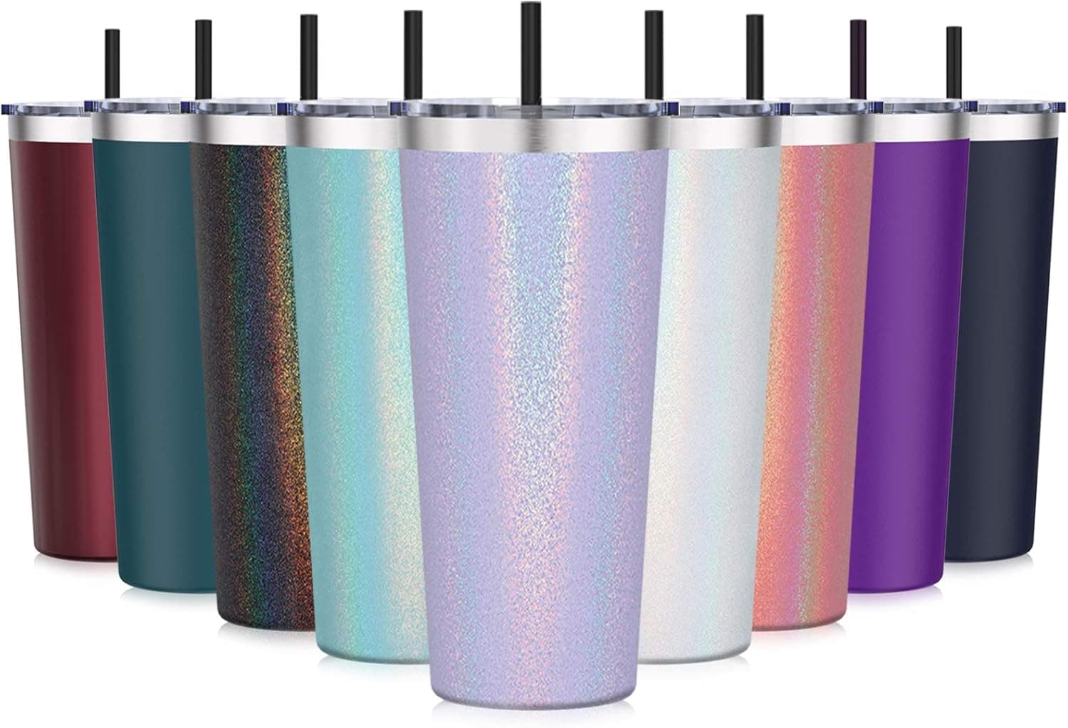Aikico Travel Tumbler with Lid and Straws, Insulated Stainless Steel Travel Mug for Ice Drinks & Hot Beverage, Double Wall 22oz Powder Coated Coffee Cup for Home and Office, Rainbow Lavender Purple