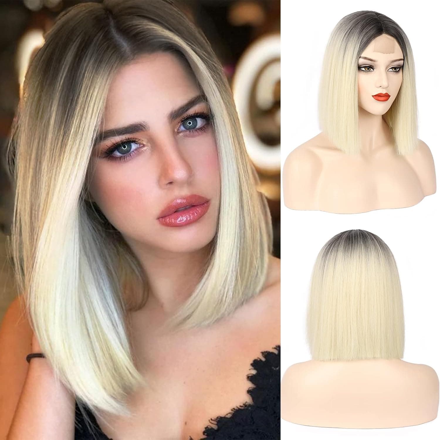 Blonde Wig Ombre Color Short Straight Bob Wigs for Women Blonde Wig With Dark Roots Middle Part Shoulder Length Synthetic Cosplay Party Wig Colored Wigs for Women Girls
