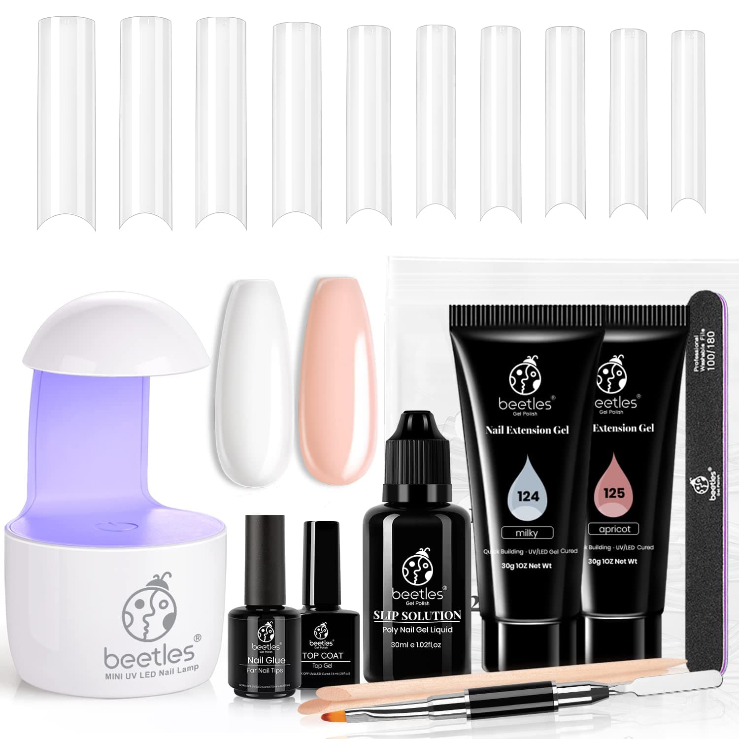 Beetles Gel Nail Kit with 2 In 1 Base Gel and Nail Glue Gel, 100pcs C Curve Nail Tips, 30g Milky and Apricot Poly Nail Gel Colors Slip Solution and Nail Lamp DIY Nail Art Acrylic Nail Kit Easy Nail Extension Set