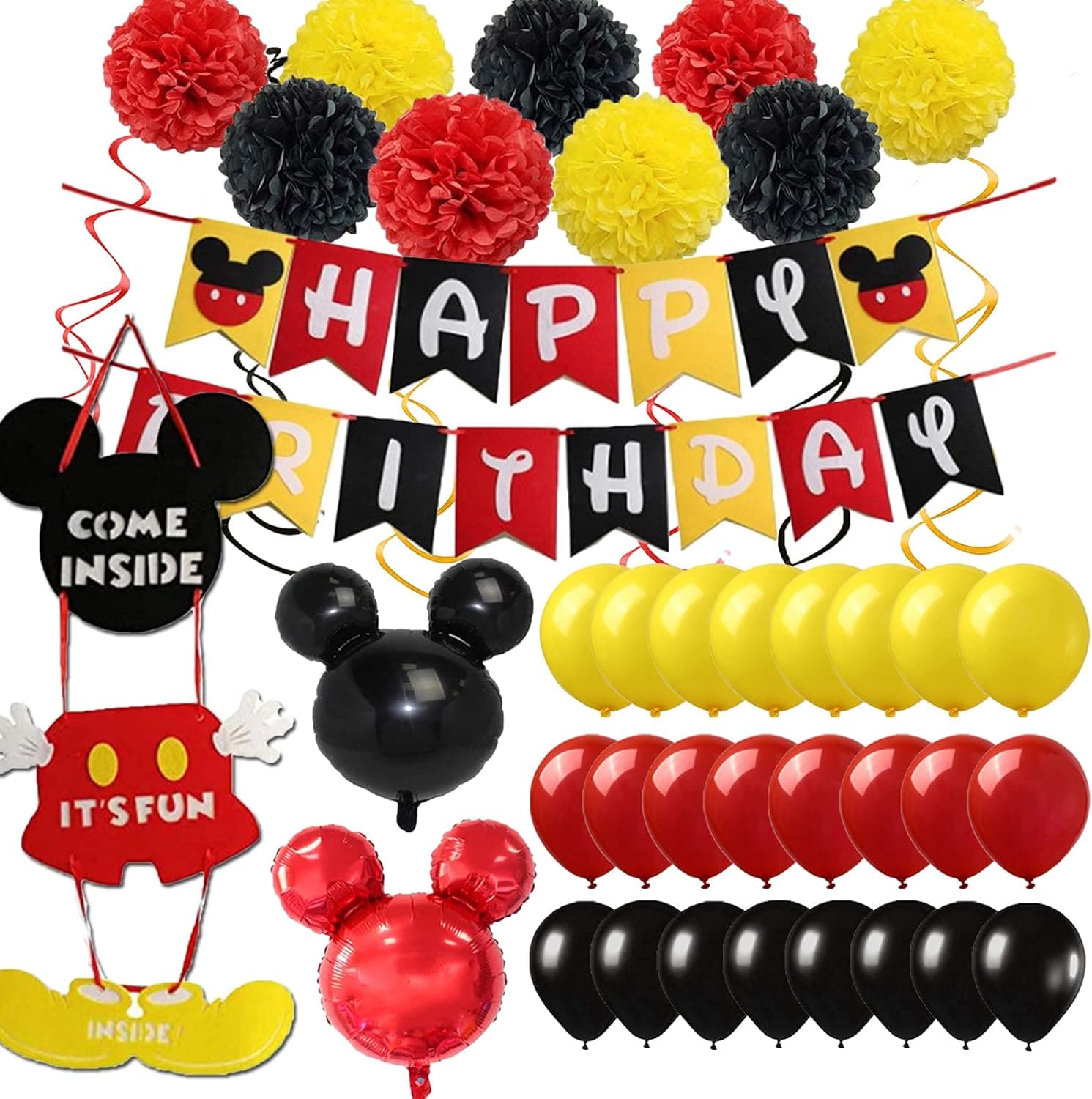 43 pcs Mouses Themed Birthday Party Decorations set，Cartoon Mouse Birthday Party supplies kit for Children birthday party include Banner,Balloons,Hanging Swirls, Door Sign,pom poms flower.