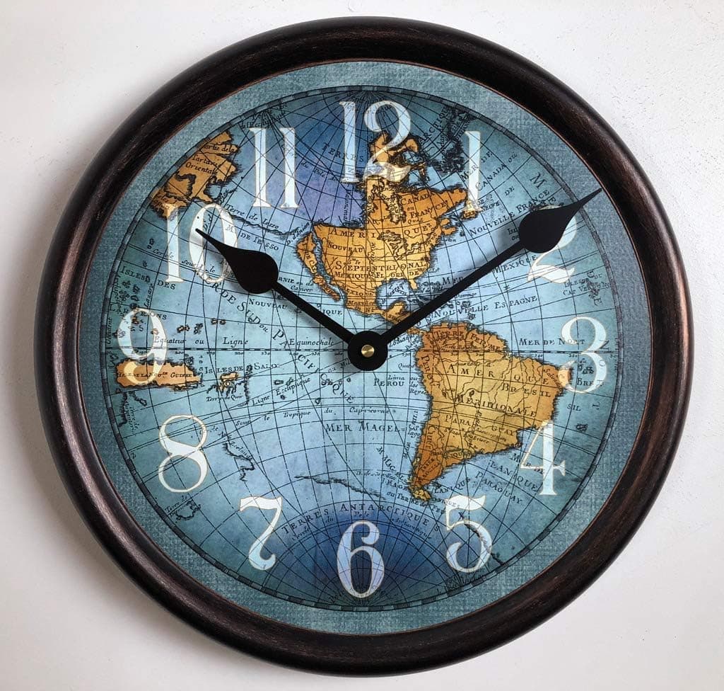 Vincenzo Blue World Map Wall Clock | Ultra Quiet Quartz Mechanism | Hand Made in USA Beautiful Crisp Lasting Color | Comes in 8 Sizes | 24-inch Framed