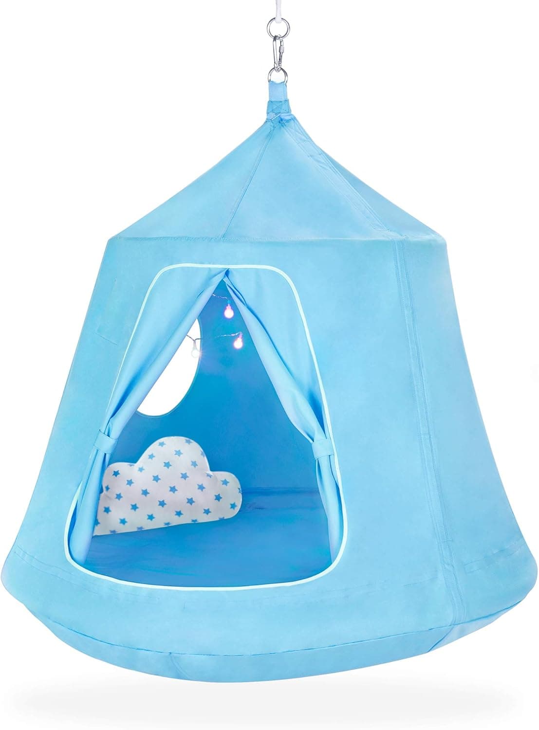Best Choice Products Kids Indoor & Outdoor Hanging Hammock Swing Tent Set w/Inflatable Base, Ropes, and Multicolor LED String Lights, Blue