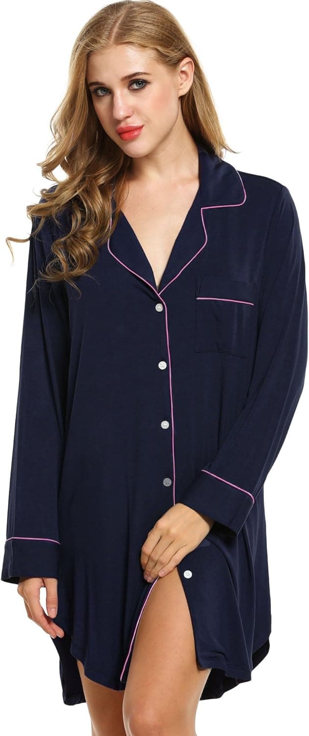Avidlove Womens Sleep Shirt Luxury Sleepwear Long Sleeve Button-Front Nightshirts (XL, Dark Blue)