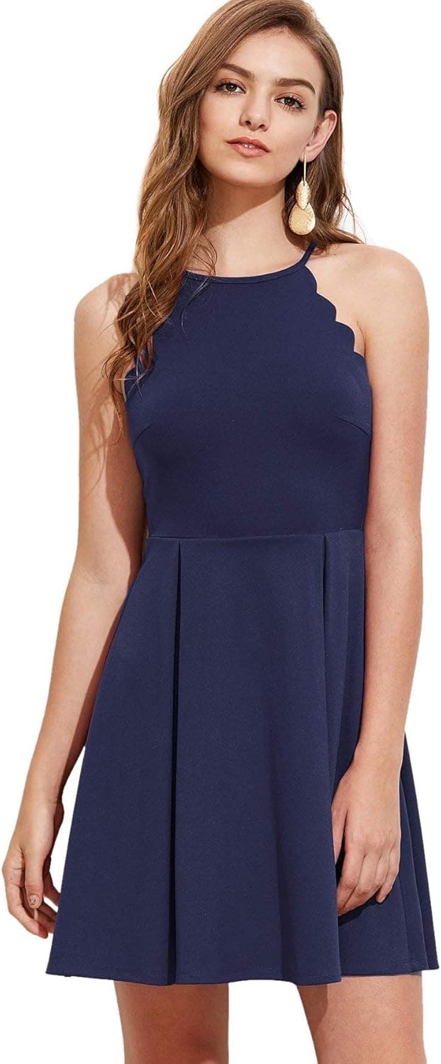 Romwe Women's Sweet Scallop Sleeveless Flared Swing Pleated A-line Skater Dress