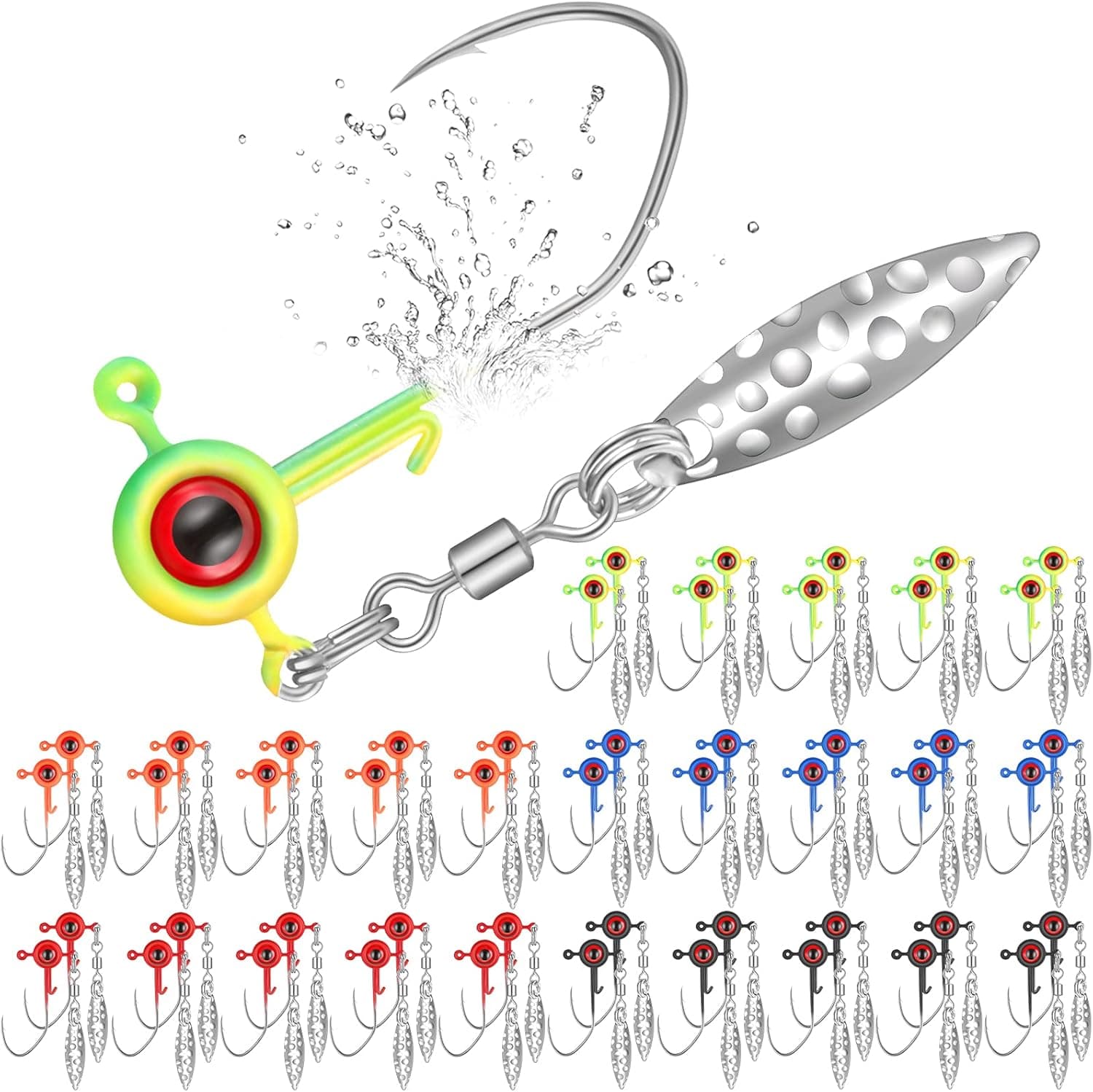Crappie Jig Heads Kit, Fishing Jig Head Hook Fishing Lure Jig Head with Eye Ball 1/16 OZ Lead Head Jig Hook Lure with Spinner Blade Outdoor Fishing Tackle for Saltwater Freshwater Fishing