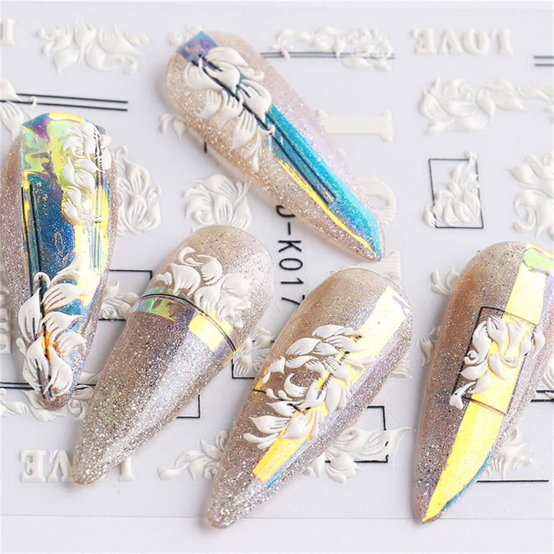 Flower Nail Stickers 5D Hollow Butterfly Nail Art Supplies Self Adhesive Nail Decoration White Feather Lace Leaf Carved Design