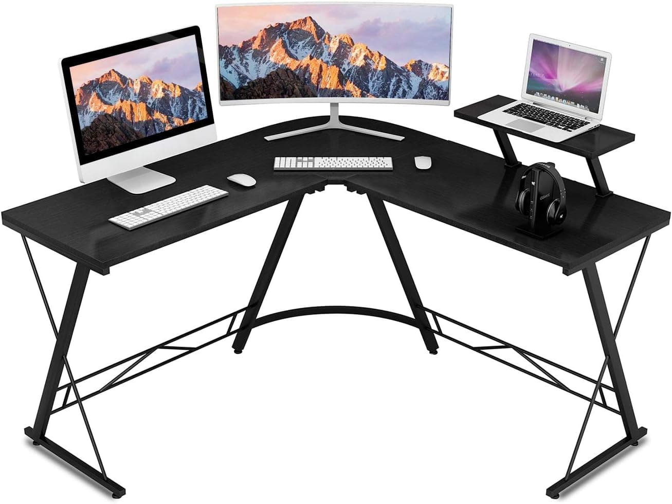 Hanamichi L Shaped Desk Home Office Desk, Gaming Computer Desk with Monitor Stand, Round Corner Desk for Home Office, Workstation, Bedroom,Living Room, Easy to Assemble, Black