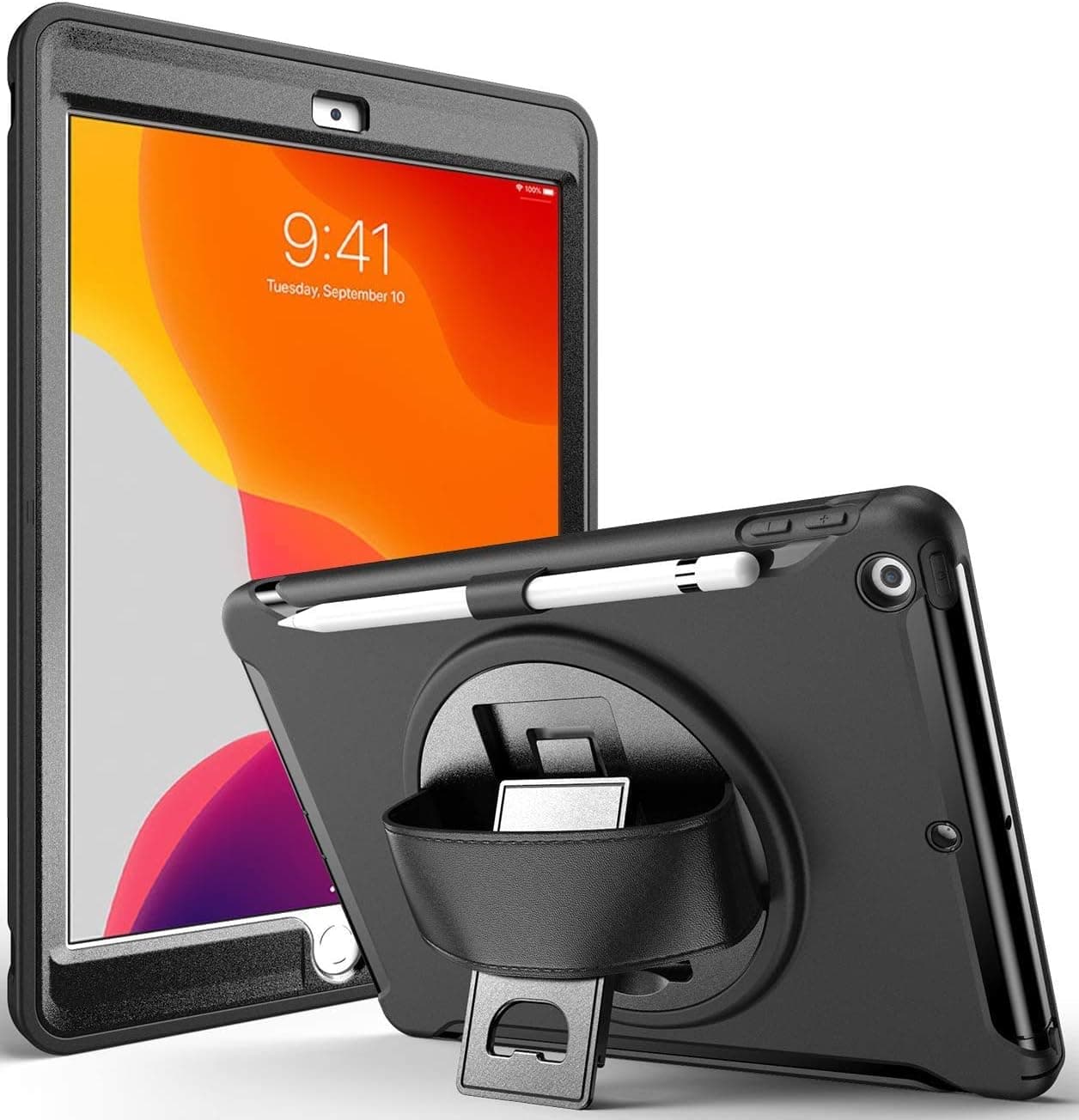 iPad 7th Generation Case 10.2 2019 with Pencil Holder | Herize 3 Layer Shockproof Rugged Durable Rubber Protective Case Cover with 360 Degree Rotatable Stand Hand Strap for iPad 10.2 Inch 2019 | Black