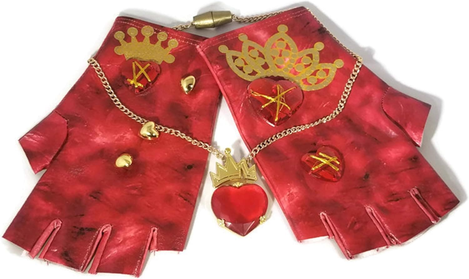 Disney Evie Descendants Heart Crown Necklace bundle with Fingerless Leather Jewel Gloves Girls Princess Dress Up Cosplay Child Costume Jewelry Accessories Gift Set, 2 pieces - Red color