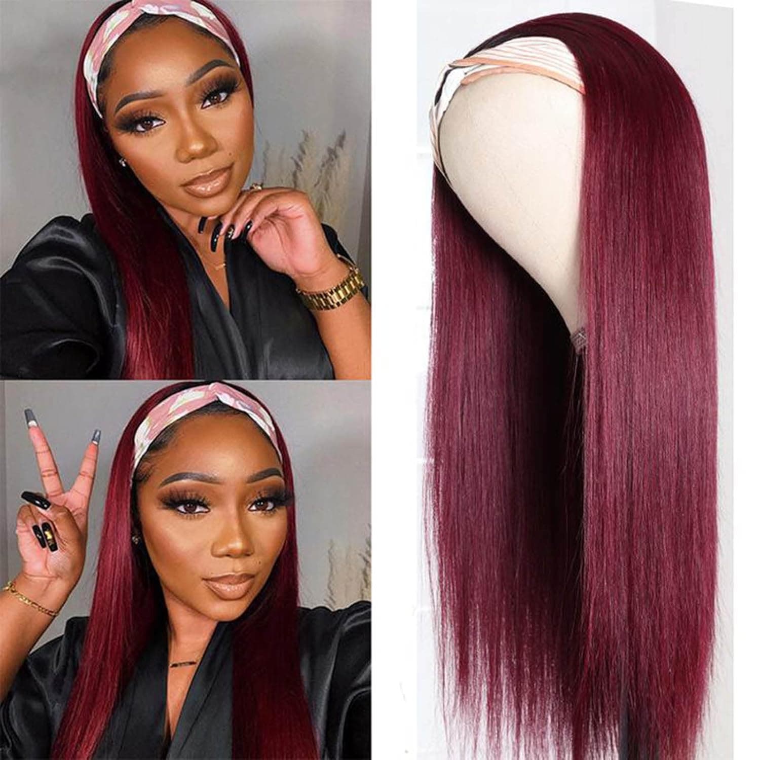 TINY LANA Headband Wigs Burgundy Wigs for Women Red Wigs Long Straight Wigs Heat Resistant Synthetic Fibre Wigs