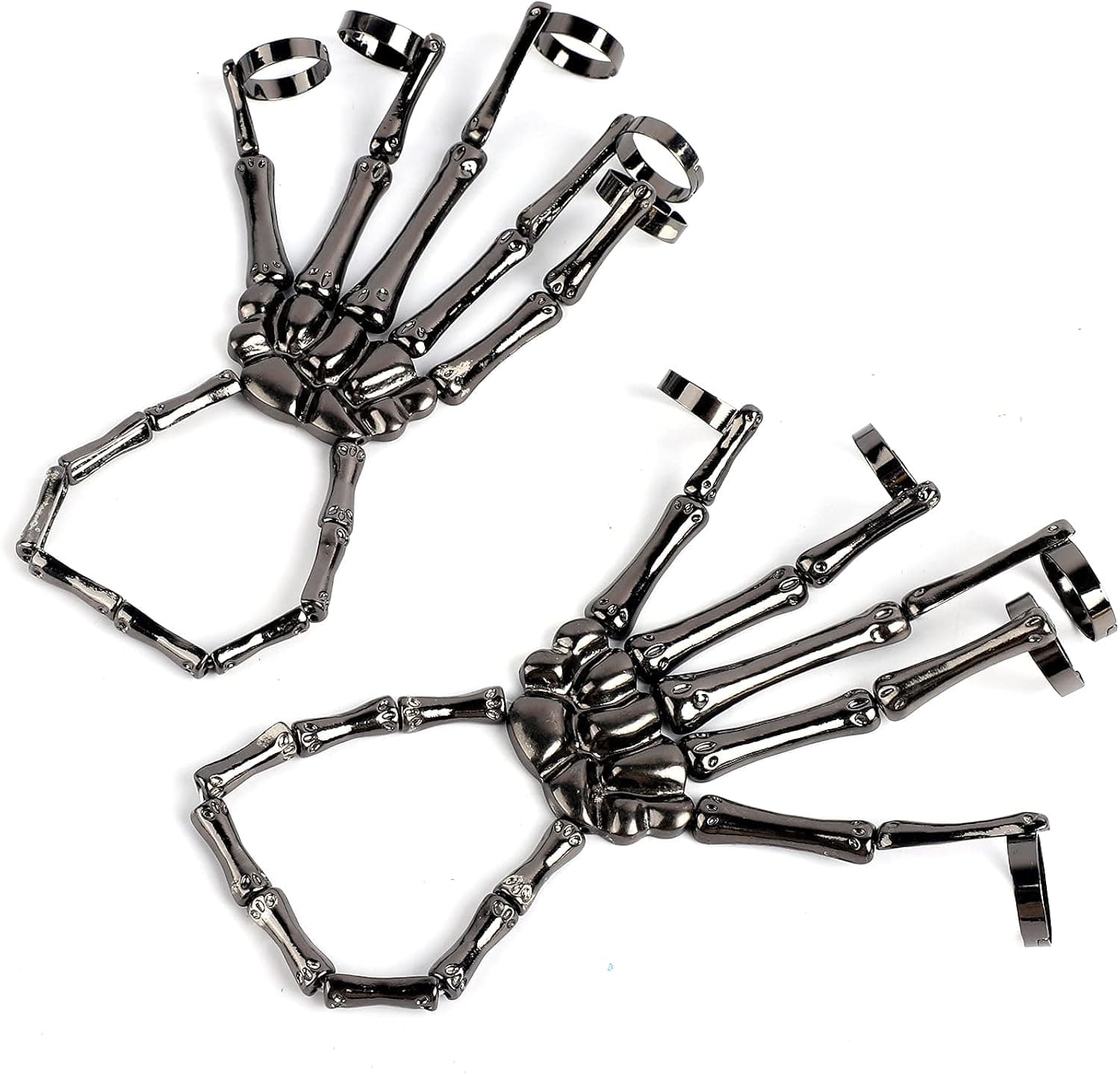 2 PCS Halloween Skull Skeleton Hand Bracelet With Ring Halloween Decoration Wristband Adjustable Skull Fingers Hand Bone Punk Metal Horror Ghost Claw For Women Girl Men Boy Jewelry