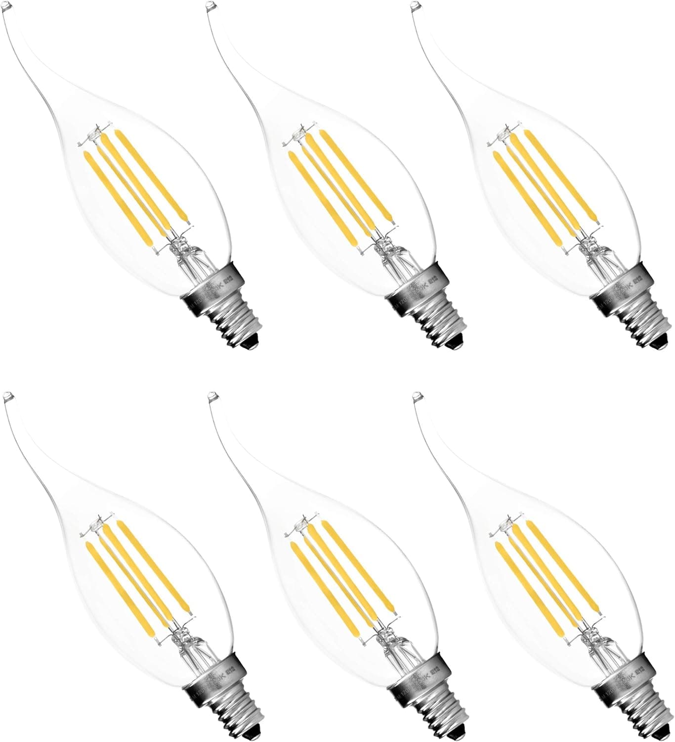 Hyperikon LED Edison Filament Candle 4-Watt (40-Watt Equivalent), Dimmable, Flame Tip, Small Base (E12), 2300K (Amber Glow), 340°-Beam Angle - (Pack of 6)