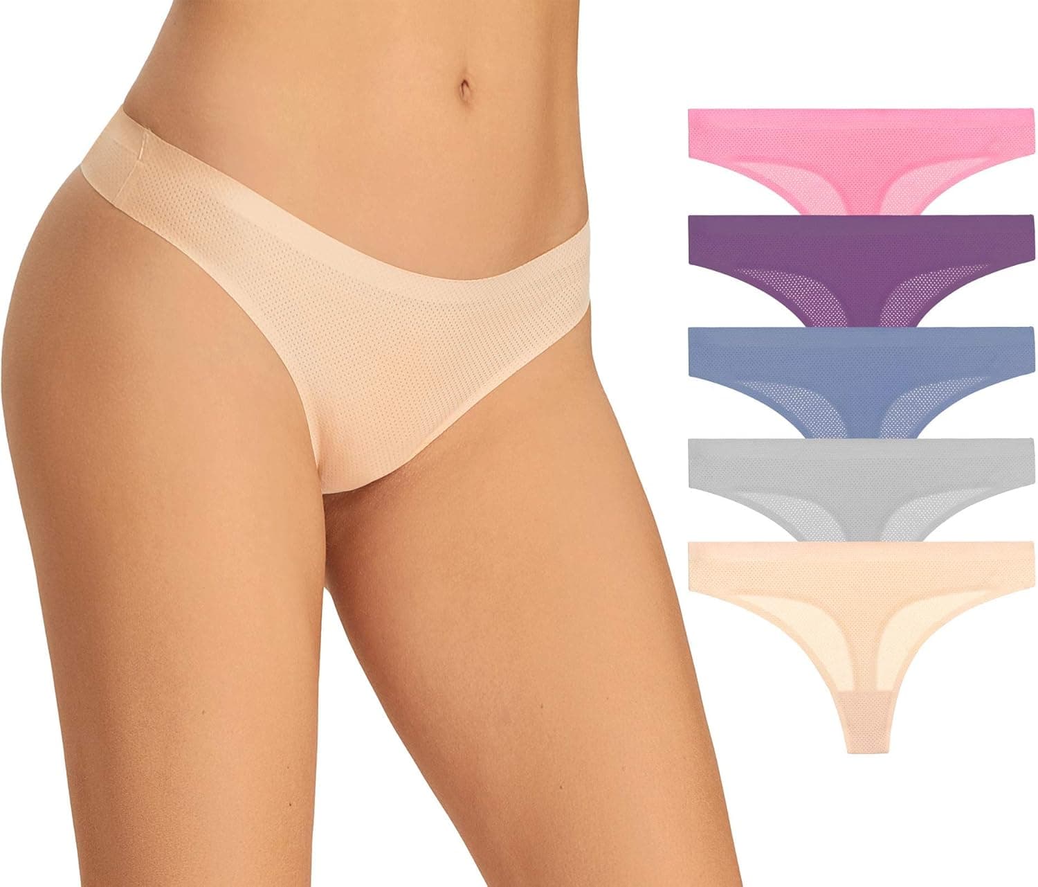 Niidor Thongs Panties, 5 Pack Low Waist No Show Breathable Thongs Seamless Underwear for Women