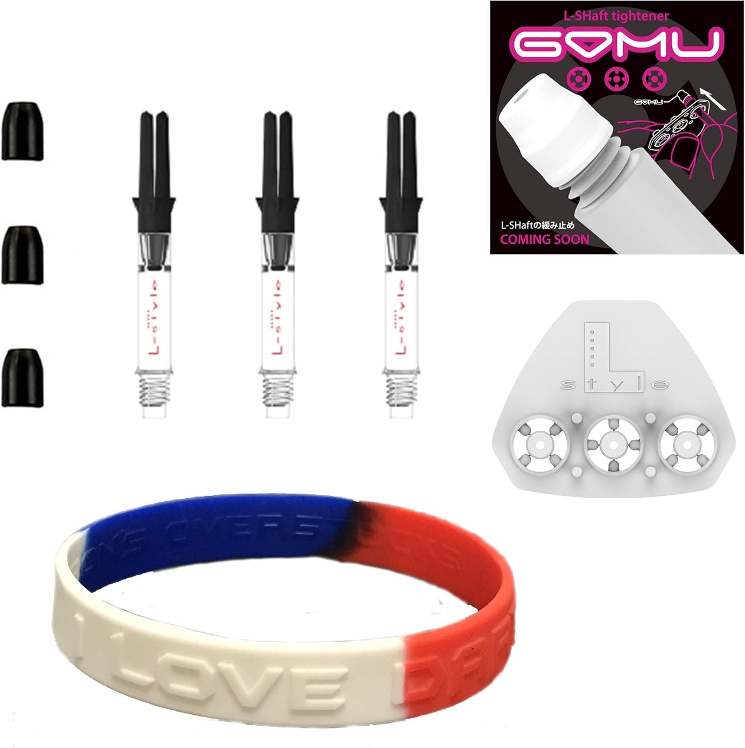 L-Style L-Shaft Spinning Carbon Clear in Between 260 Dart Shafts 2ba Set of 3 Plus Champagne caps, GOMU & I Love Darts Bracelet Included