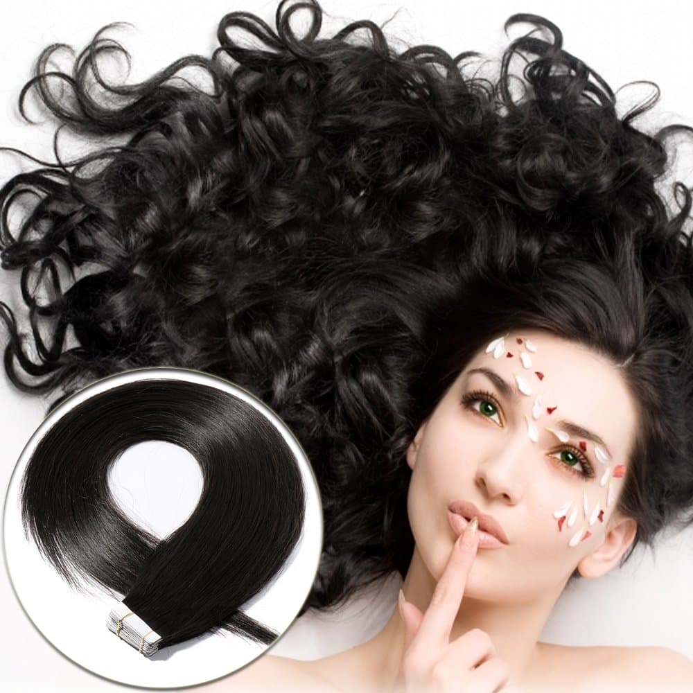 Seamless Remy Tape in Hair Extensions Real Human Hair 16 inch Straight Natural Black Professional Tape on Skin Weft Hair Extensions (16'',50g/20Pcs,#1B)+10pcs Free Tapes