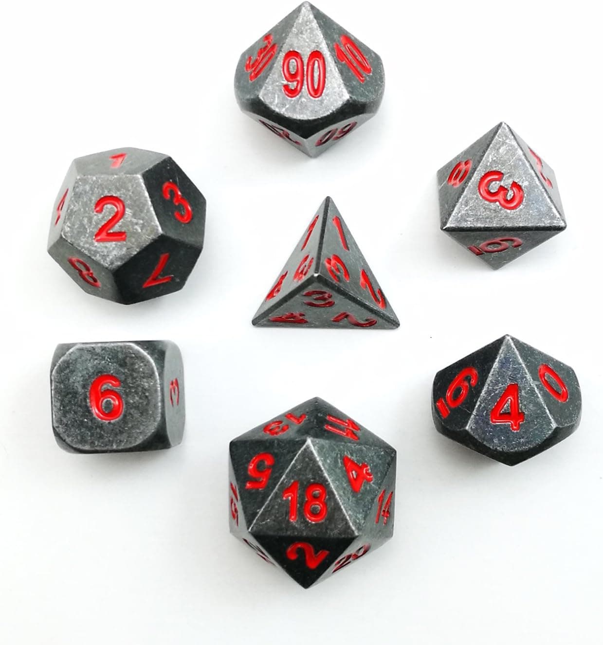 Metallic 7pcs Dungeons and Dragons Dice Set, Metal RPG Game Dice with Red Number, Metallic 7pcs Polyhedral Dice Set