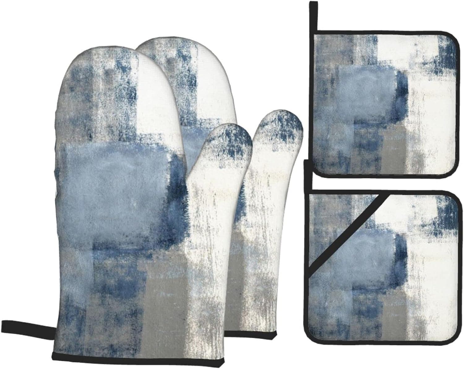 DONMYER Blue and Grey Abstract Art Painting Oven Mitts Pot Holders Sets of 4 Polyester High Heat Resistant with Gloves Hot Pads Potholders for Kitchen BBQ Non-Slip Cooking Mitts, 7.2x11in+8x8in