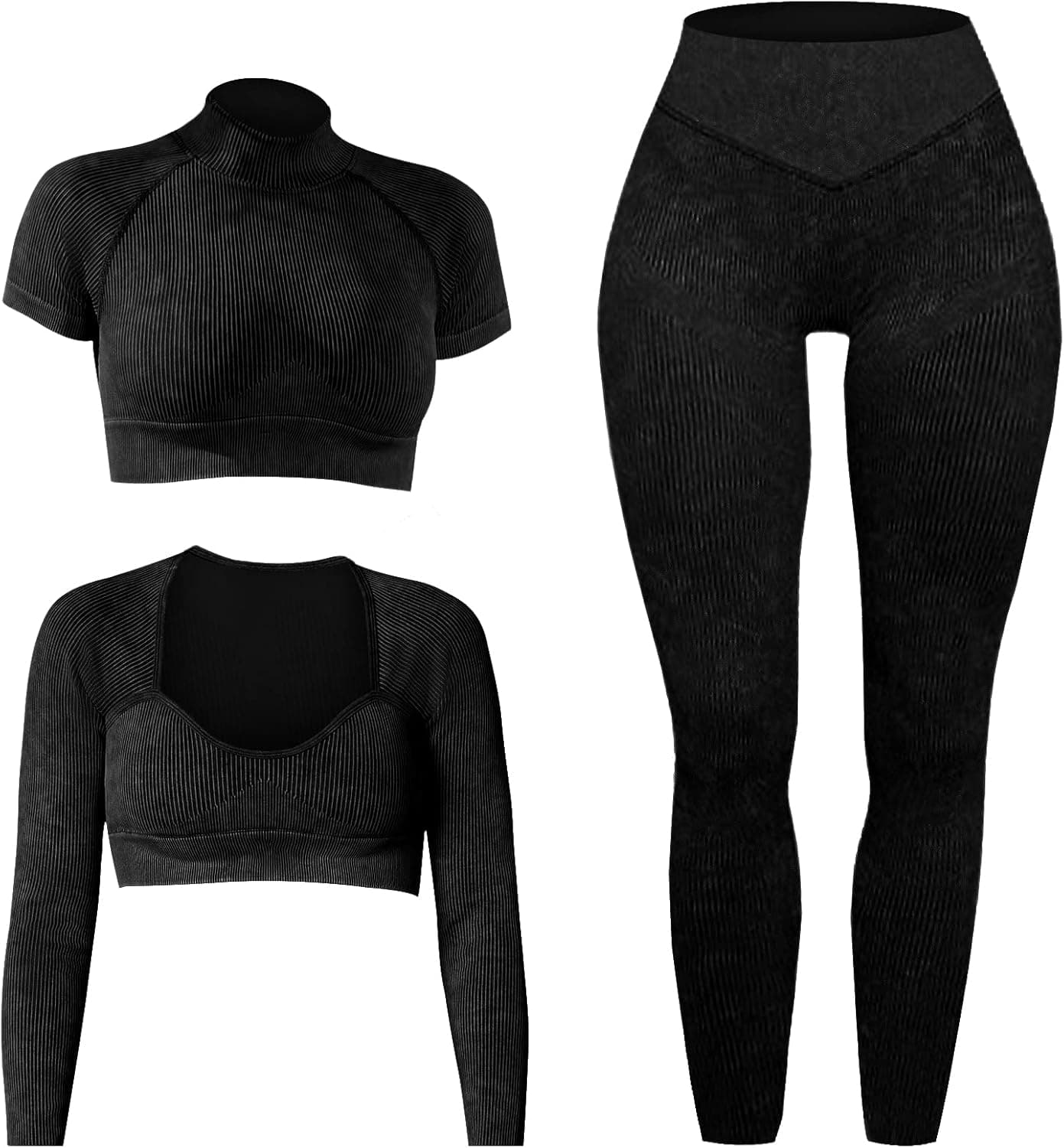 Work out Sets Gym for Women, 3 Piece Long Sleeve and Short Sleeve Seamless Ribbed Crop Top Acid Wash Yoga Legging Workout Set