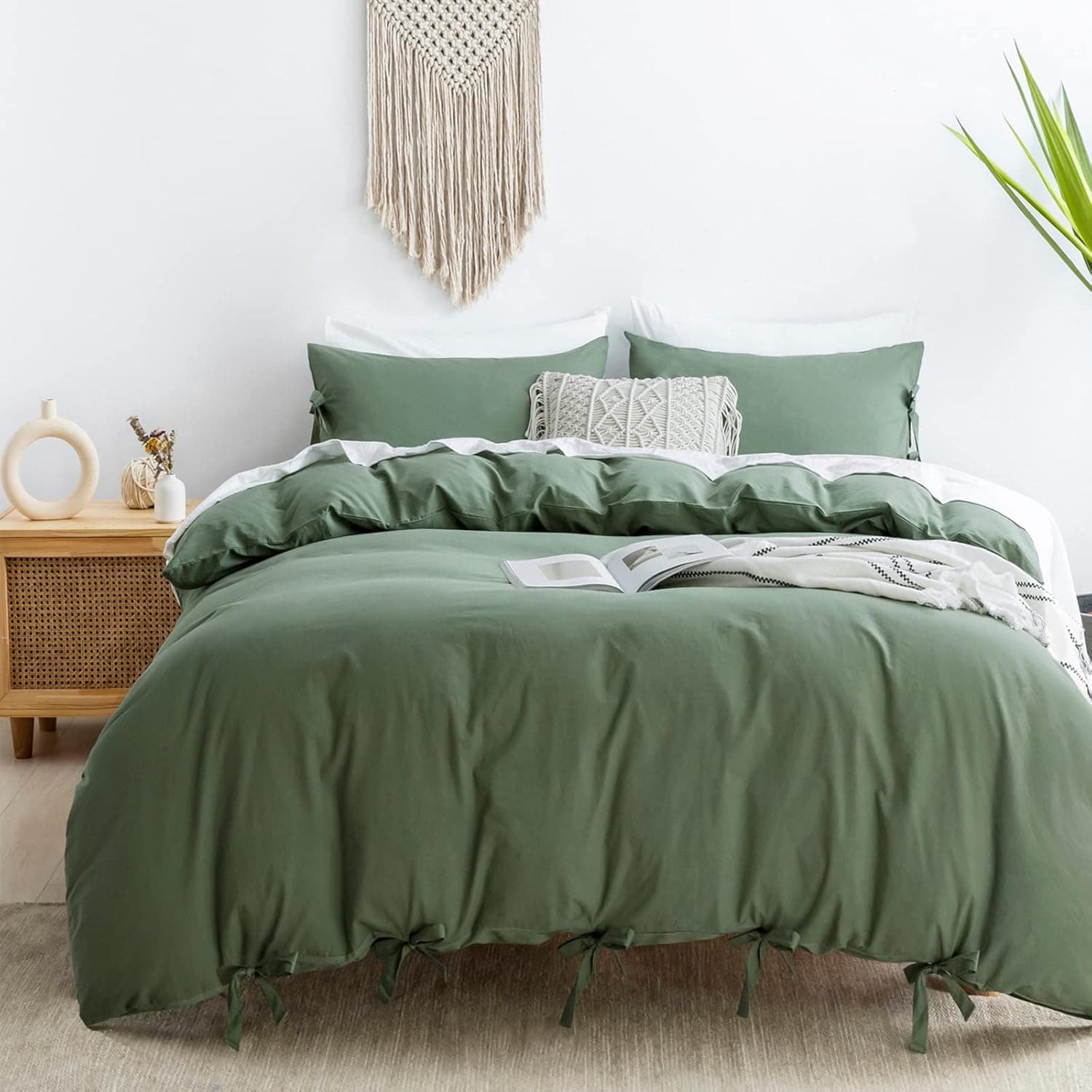 JELLYMONI 100% Washed Cotton Butterfly Bow tie Duvet Cover Set, Green Queen Size Comforter Cover(3 Pieces, Green, Queen)