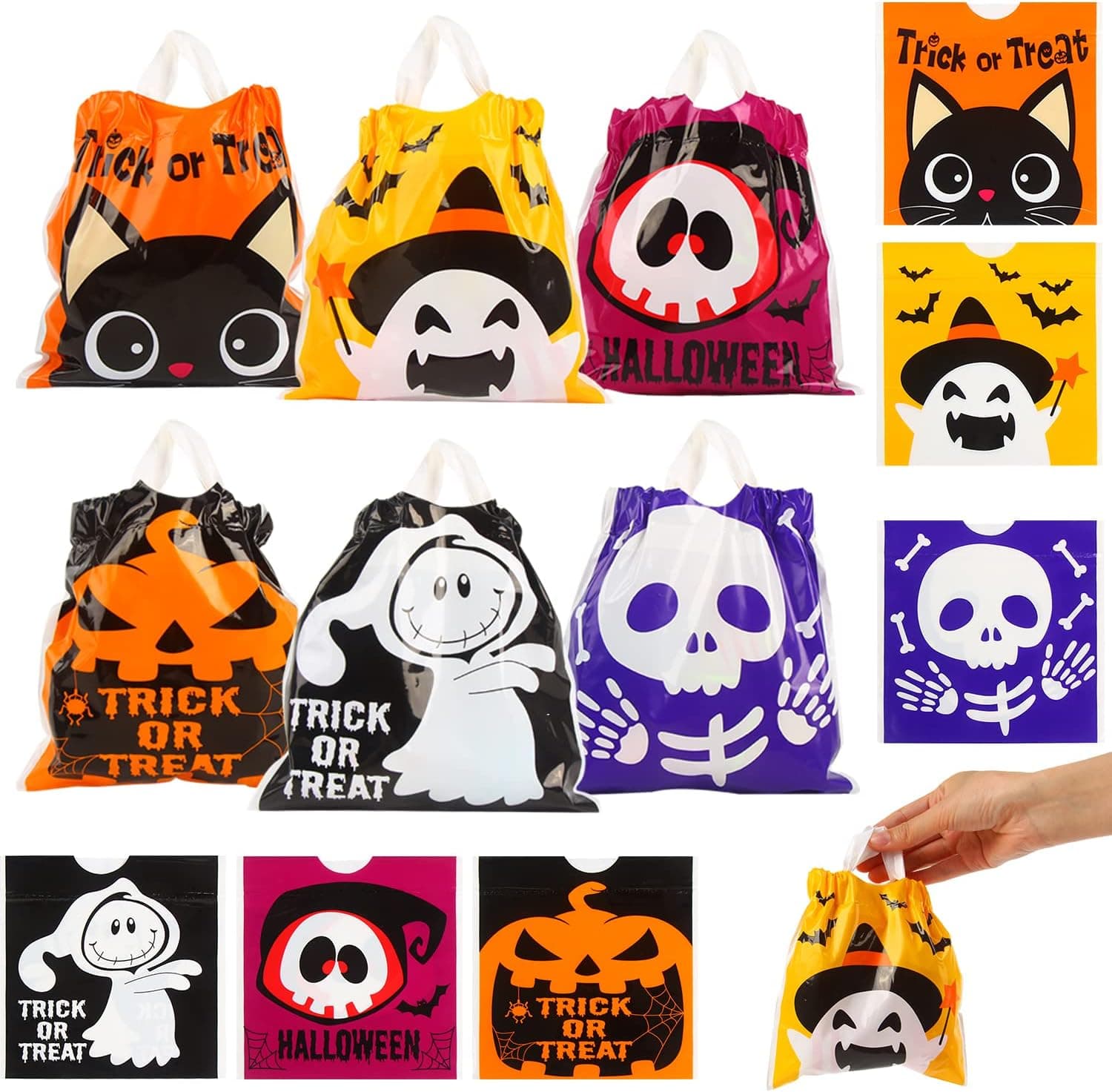 LOKIPA Halloween Drawstring Treat Bags for Kids, 72 Pcs Small Plastic Candy Goody for Kids Trick or Treat Halloween Party Favors