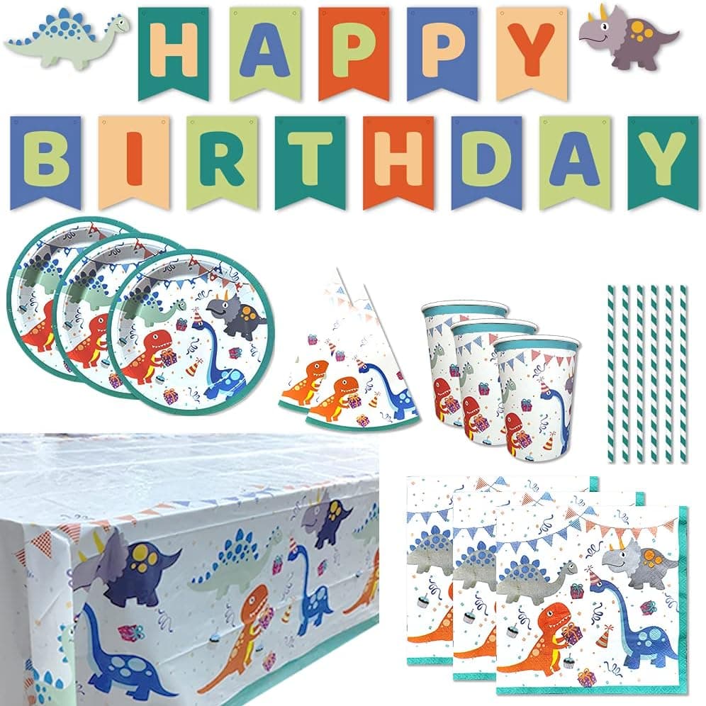Ottin Dinosaur Birthday Party Bundle Supplies Kit, Dinosaur Party Decorations For Boys 24 Guests Kids Include Dino Paper Napkins Plates Straws Banner Cups Hats and Plastic Tablecloth Perfect for Boy Girls's Dinosaur Themed Birthday Party Deal