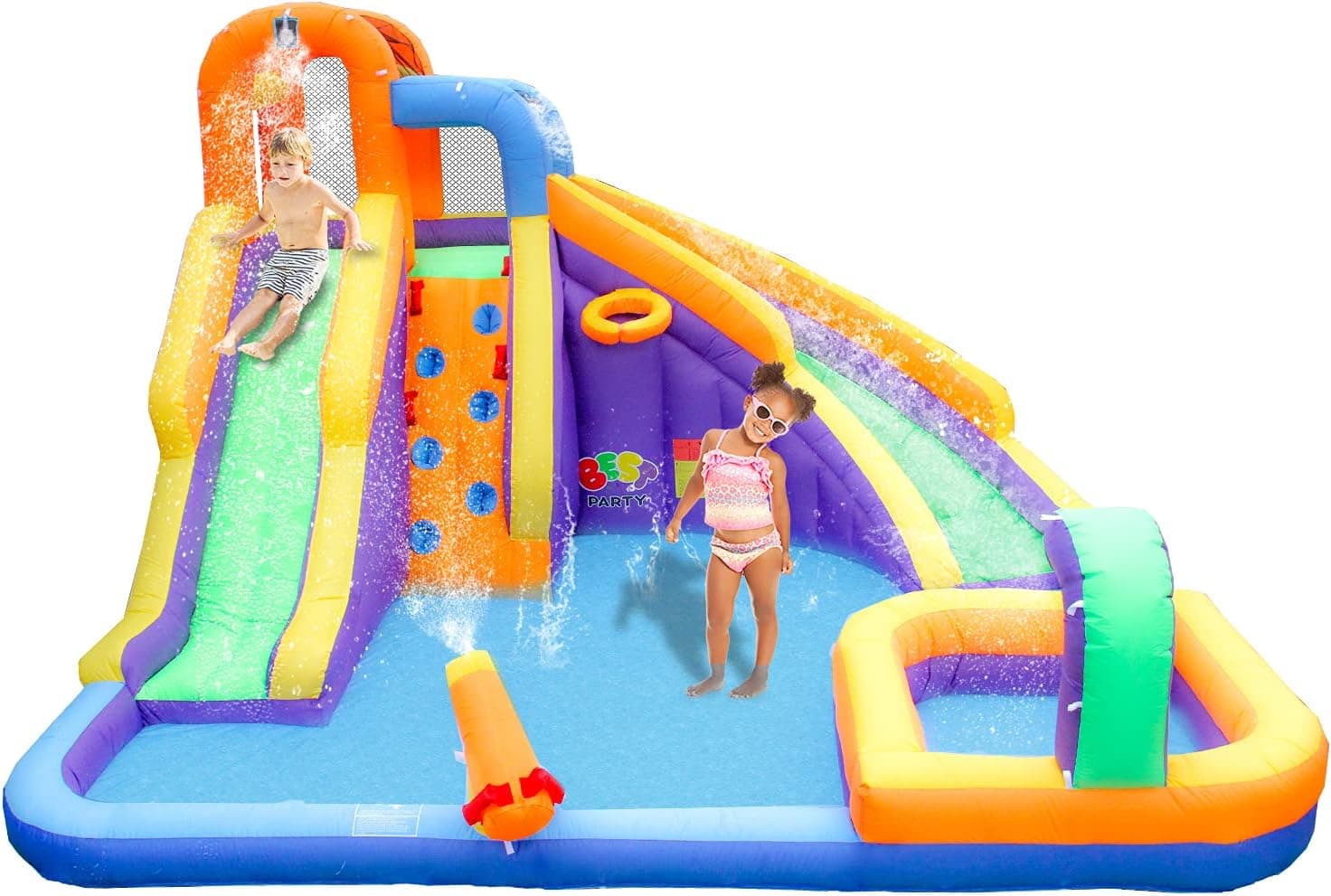 BESTPARTY Inflatable Water Slide, Kids Playing Fun Splash Water Park, Bounce House Jumper with Blower