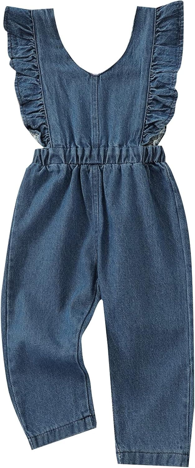 Tiacham Girls Jeans Romper Toddler Sleeveless Ruffle Halter Jumpsuits Baby Girl Denim Overalls Kids Pants