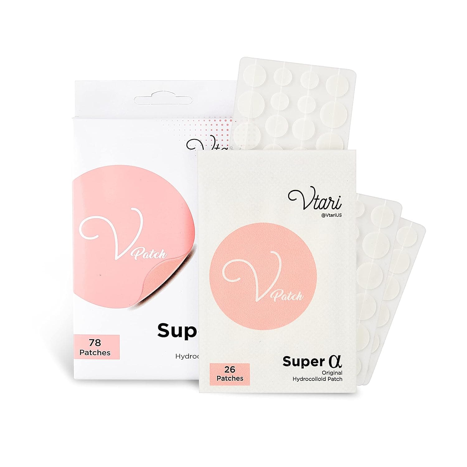 Vtari Super Alpha Original Hydrocolloid Intensive Spot Patch | V-Patch | Acne Pimple Healing Patch, Blemish Cover | 24 x 8mm, 30 x 10mm, 24 x 12mm | 1 Box - 78 Patches