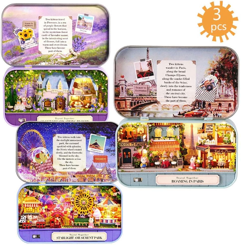 WYD Sweet Dreams/Starlight Tour/Walking Paris 3 Miniature Dollhouse Kits Miniature Scenes Small Iron Box Creative Scene Box Theater(3pcs)