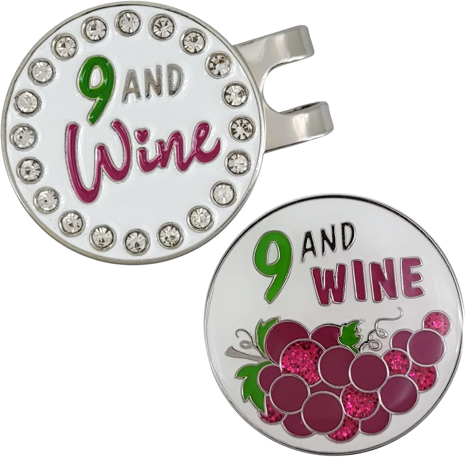 Flamingo Creek Bling Golf Ball Marker and Hat Clip Nine and Wine Womens Golf Gift Set Includes 2 Golf Ball Markers 1 Hat Clip